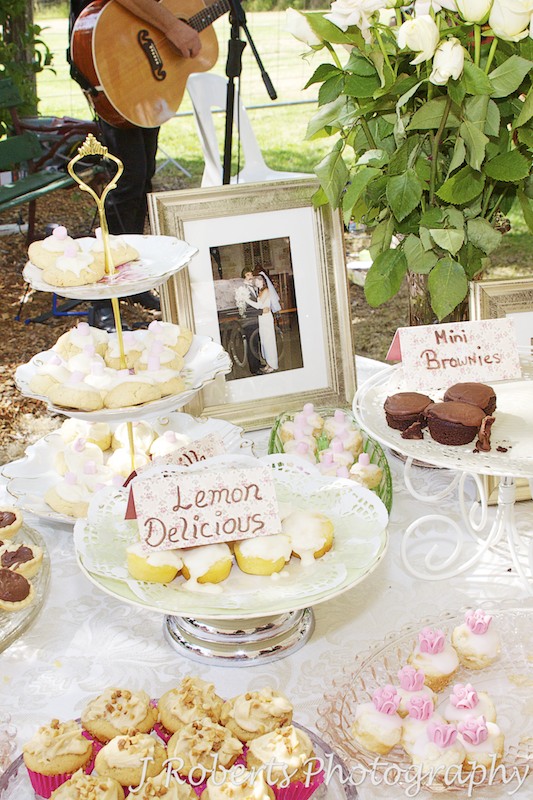 cake stands at garden party wedding - wedding photography sydney